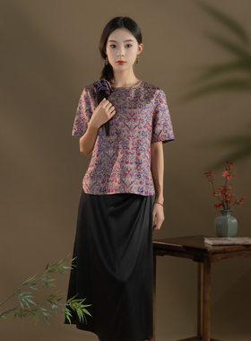 龙凤共舞麦穗纹-非遗100%桑蚕丝手工全罗孔蜀锦圆领短袖SY2441