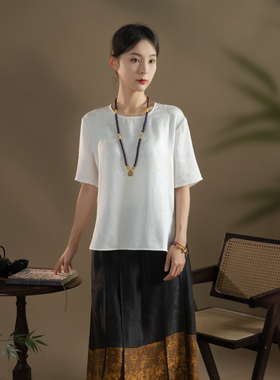 枝繁叶茂-2025春季新品高定真丝桑蚕丝冠乐缎圆领短袖上衣SY2298