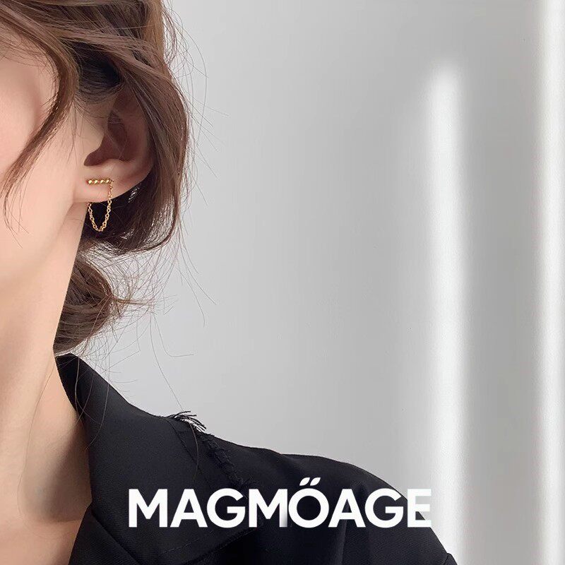 法国【设计师】MAGMOAGE S925银针设计金色麻花耳钉女耳链耳环