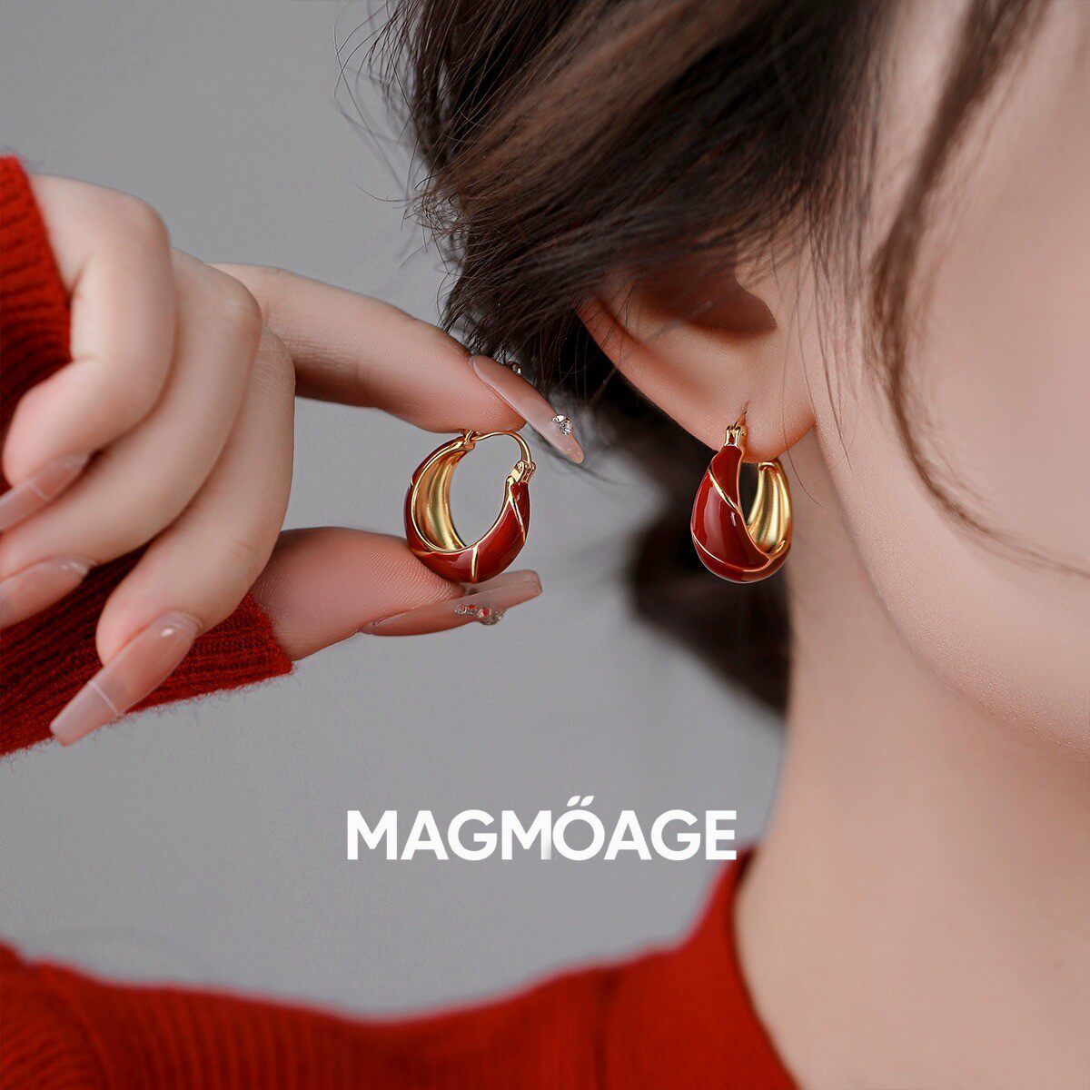 法国设计师MAGMOAGE中国红耳钉