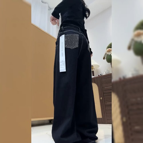 设计感重工烫钻黑色休闲裤