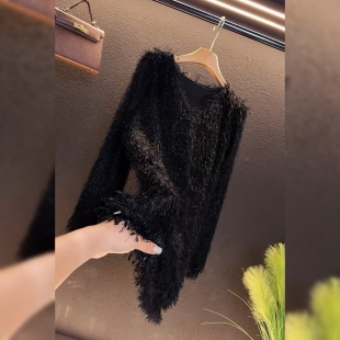 欧洲站欧货V领黑色上衣女时尚慵懒风气质宽松显瘦长袖套头小衫