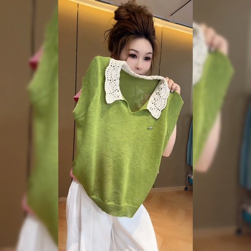 设计感娃娃领钩花绿色上衣