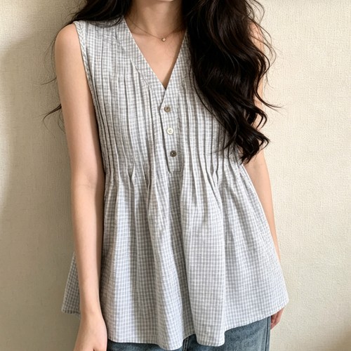 高级感V领无袖格子背心女