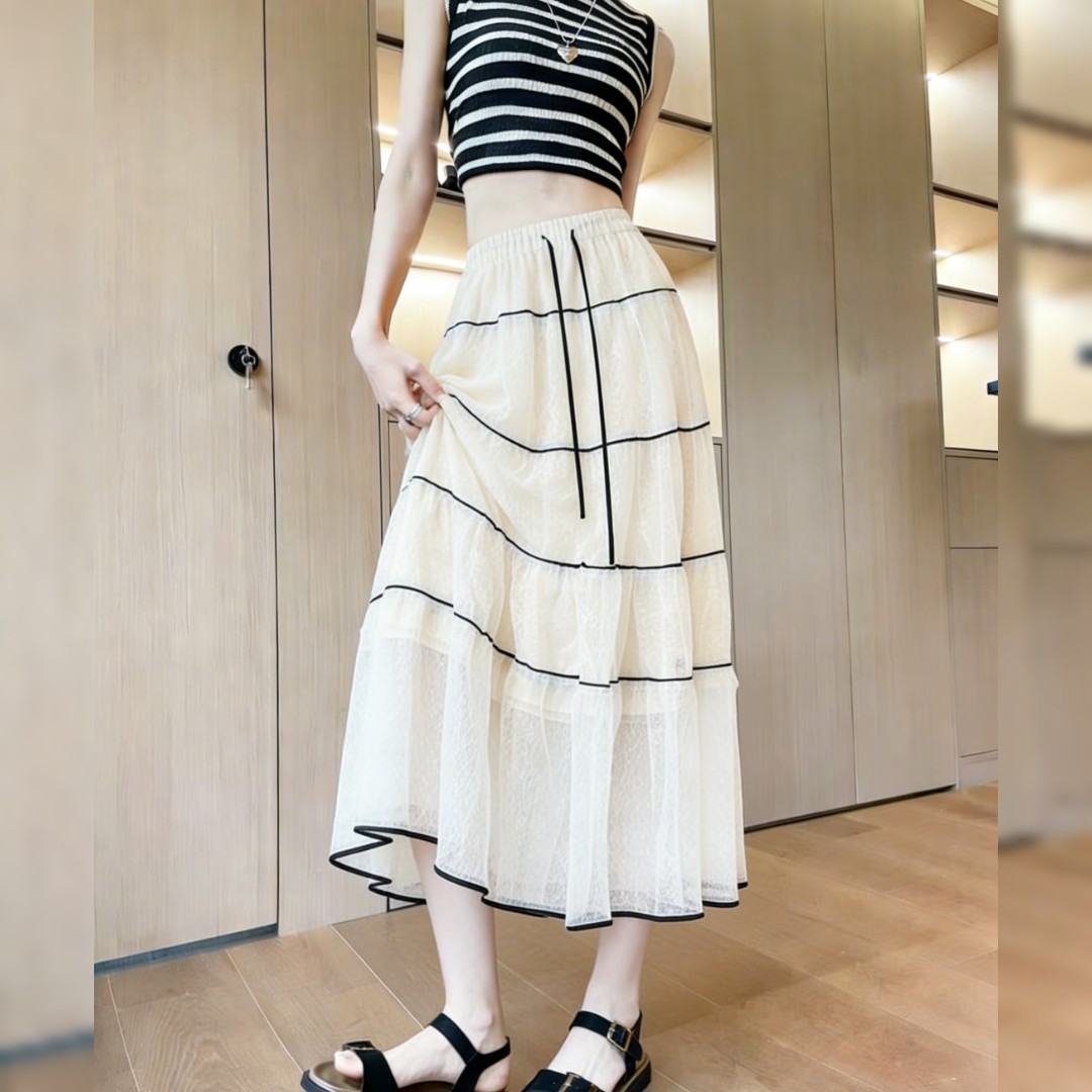 高级感压褶重工杏色半身裙时尚慵懒风高腰宽松百搭飘逸灵动a字裙