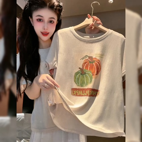 韩系圆领奶茶色短袖上衣女