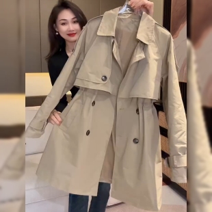 时尚翻领卡其色风衣外套女秋季新款欧洲站欧货高品质宽松休闲上衣