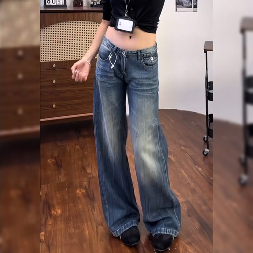 美式复古蓝色微喇牛仔裤女