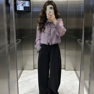 气质时尚 法式 休闲重工百搭衬衣 女春夏新款 设计感翻领天丝紫色衬衫