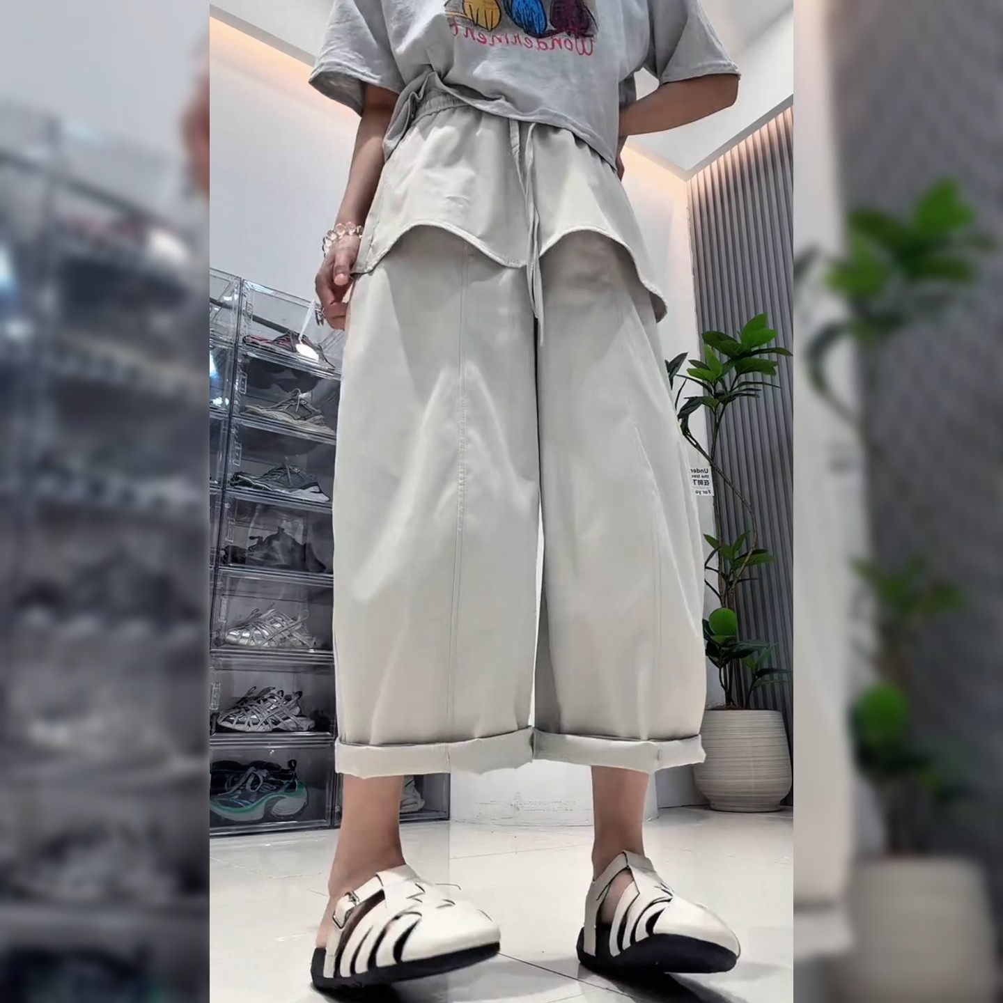 时尚百搭显瘦米灰色休闲裤欧洲站欧货高腰宽松显瘦皮帘阔腿裤女