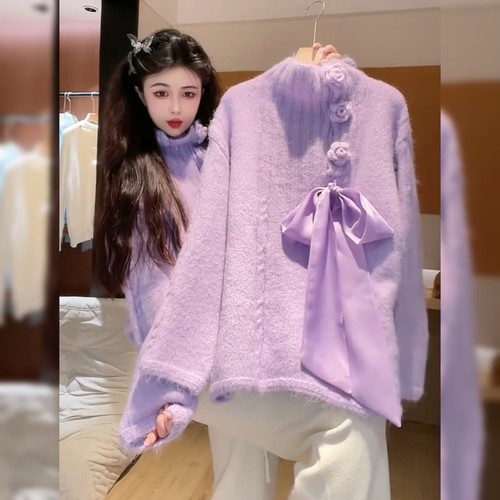 设计感立体花朵紫色毛衣女