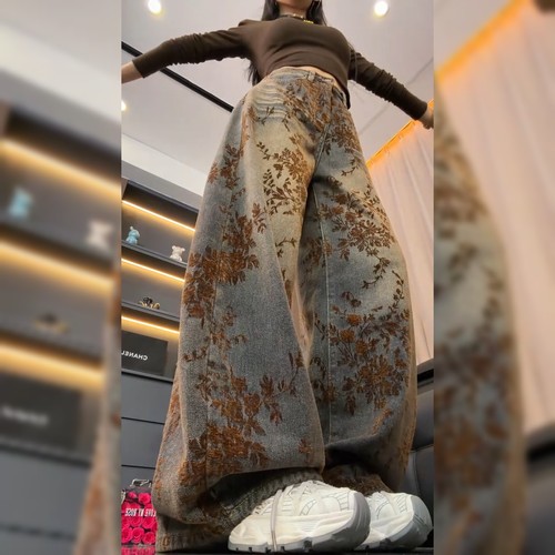 设计感炸街印花植绒牛仔裤