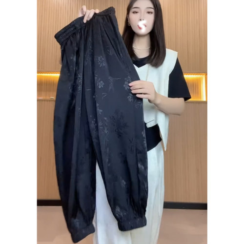 新中式国风高端醋酸缎面裤子女2024新款小个子复古提花哈伦束脚裤