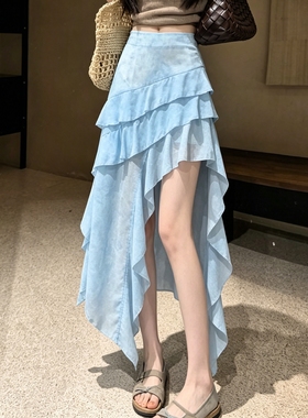 设计感不规则蓝色半身裙女夏季新款时尚韩系高腰显瘦荷叶边雪纺裙