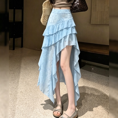 设计感不规则蓝色半身裙女
