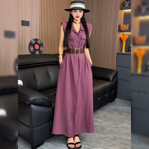 时尚洋气收腰紫色连衣裙女