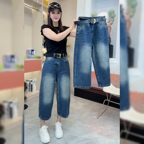 简约时尚蓝色八分牛仔裤女