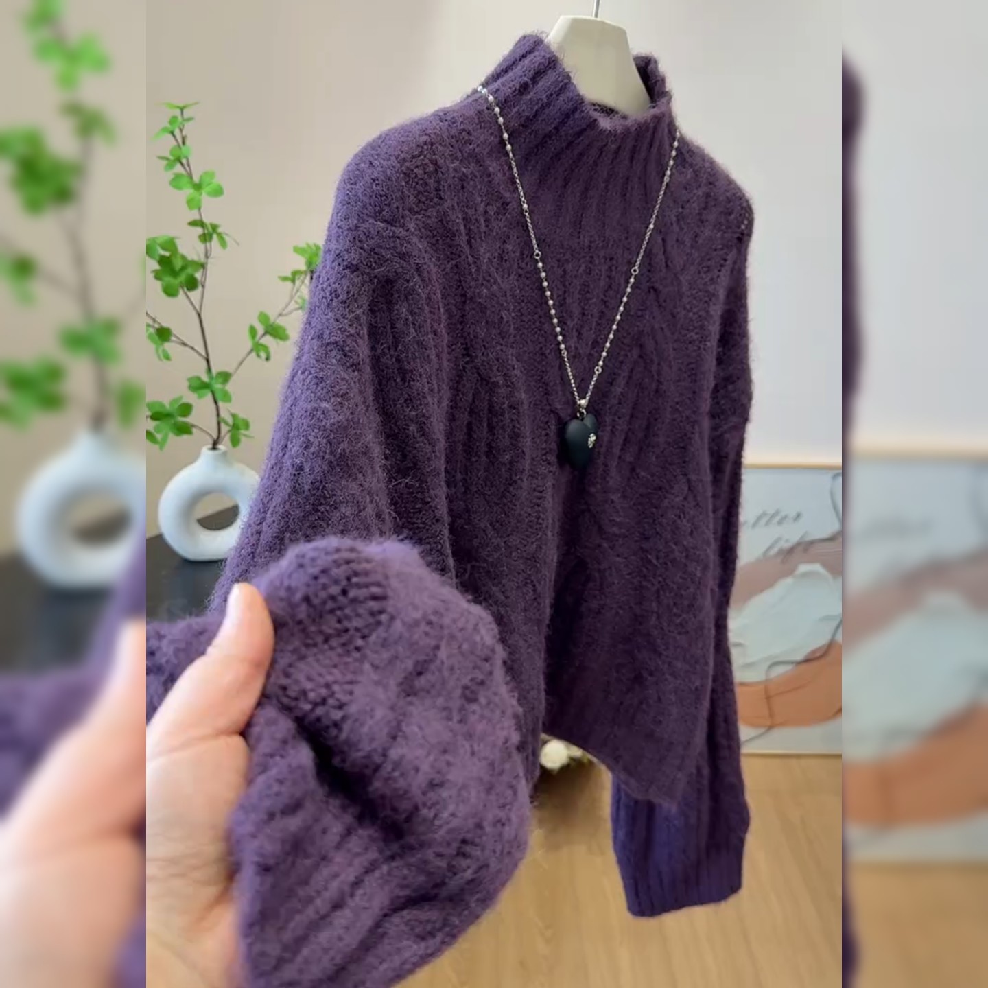 韩系复古麻花高领紫色毛衣简约时尚小个子别致独特宽松套头针织衫