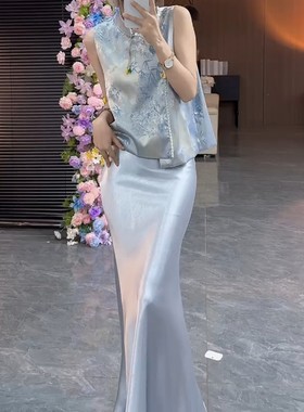 新中式国风蓝色马甲套装女