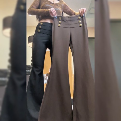 时尚修身显瘦咖色微喇裤女
