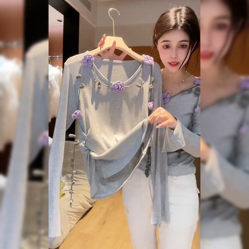 韩系氛围感灰色长袖上衣女