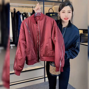 韩版宽松短款酒红色外套女小个子时尚洋气休闲夹棉拉链棒球服上衣