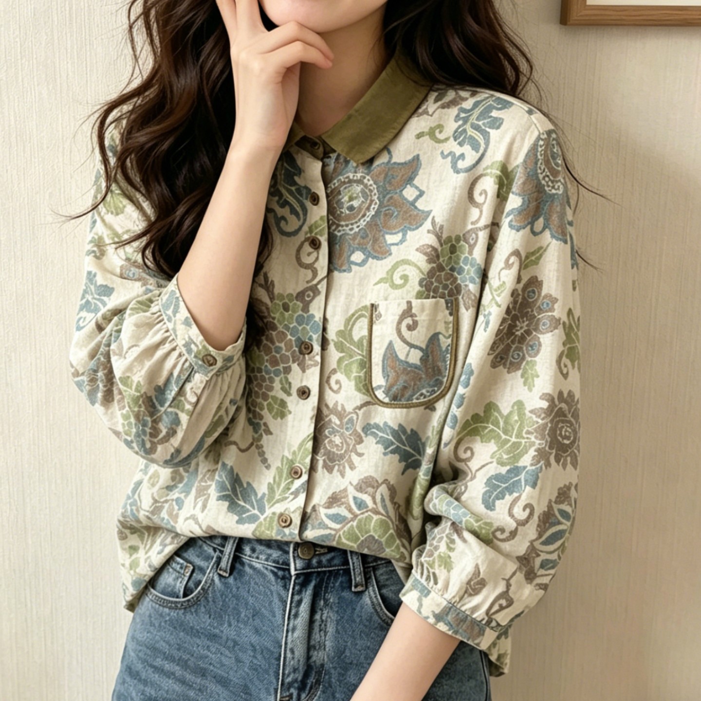 时尚印花七分袖绿色衬衣女设计感炸街宽松显瘦休闲百搭防晒衬衫