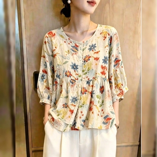松弛感慵懒风苎麻短袖衬衣夏季新款小个子炸街宽松显瘦碎花上衣女