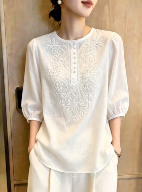 时尚圆领短袖白色上衣女