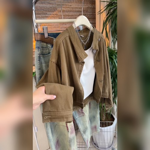 美式复古短款咖色牛仔外套