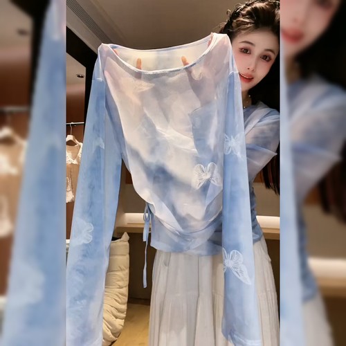 高级感蓝色微透防晒上衣女