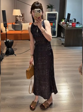 时尚无袖重工印花连衣裙女