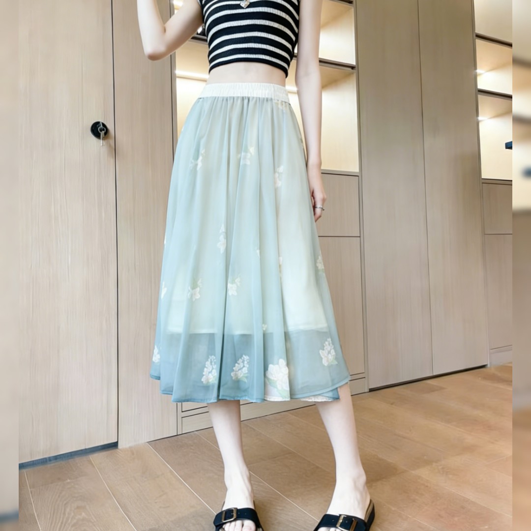 新中式国风宽松绿色半身裙夏季时尚高腰慵懒气质显瘦大摆雪纺裙子