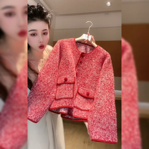 高级感小香风红色外套女