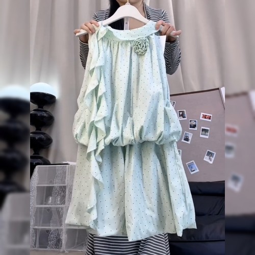 时尚飘带挂脖上衣套装女