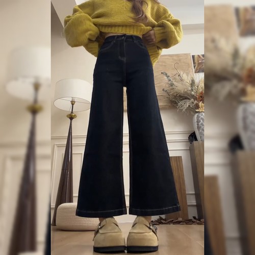 韩系复古直筒黑色牛仔裤女