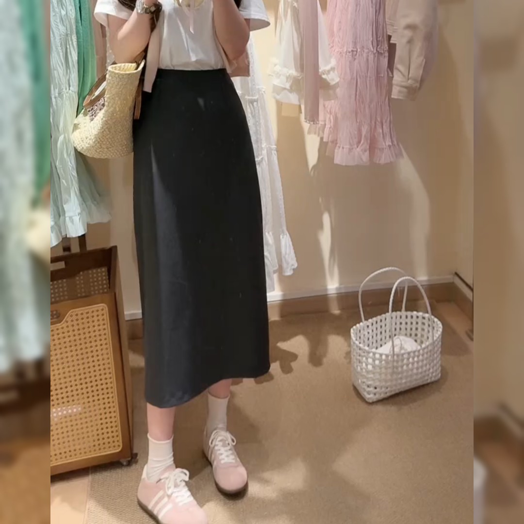 高腰遮胯显瘦黑色直筒裙女简约时尚洋气别致独特宽松休闲半身裙