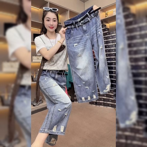 时尚双腰带蓝色牛仔裤女