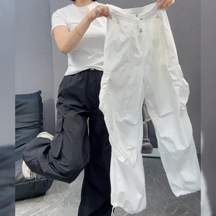 欧货炸街白色速干工装裤女夏季薄款梨形身材时尚高腰宽松休闲裤