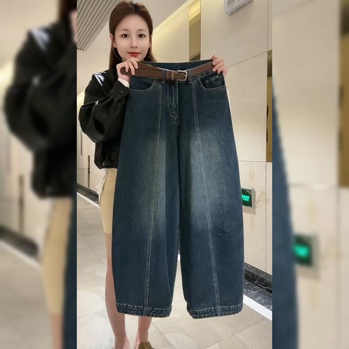 韩版宽松显瘦蓝色弯刀牛仔裤