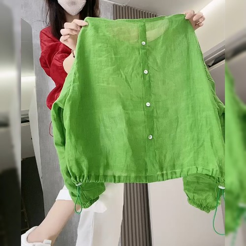 欧货洋气苎麻绿色防晒上衣