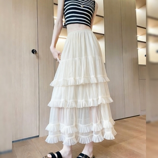 设计感荷叶边网纱杏色半身裙法式 复古温柔风气质高腰洋气大摆伞裙