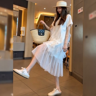 设计感炸街白色短袖连衣裙夏季薄款欧洲站欧货时尚宽松显瘦裙子