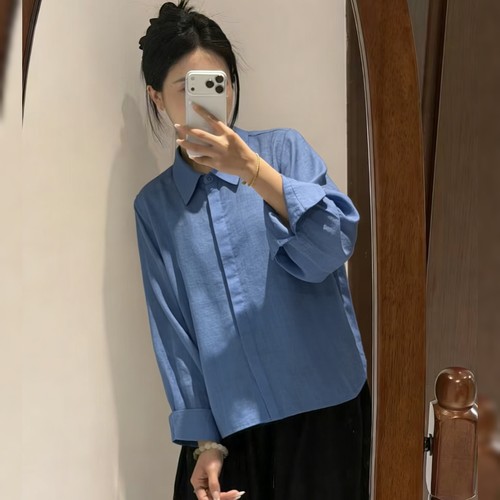 时尚老钱风翻领亚麻衬衫女