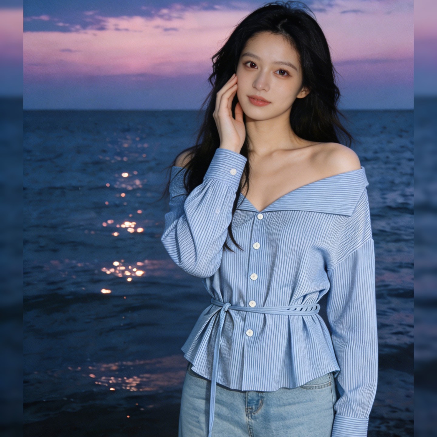 时尚蓝色长袖一字肩条纹衬衫女夏季法式气质高级感独特绑带衬衣