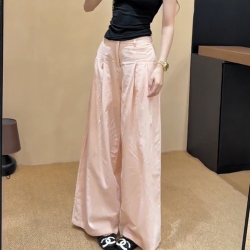 高腰直筒宽松粉色休闲裤女