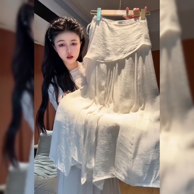 高腰宽松显瘦杏色半身裙女