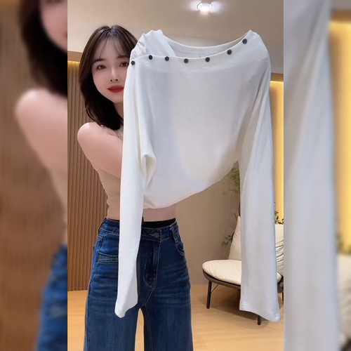 设计感斜肩白色上衣女