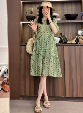 时尚圆领短袖绿色连衣裙女夏季新款欧洲站欧货慵懒风宽松波点裙