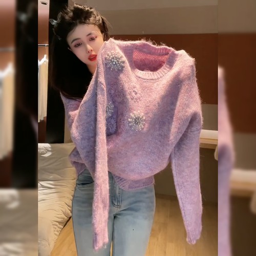 设计感炸街钉珠紫色毛衣女